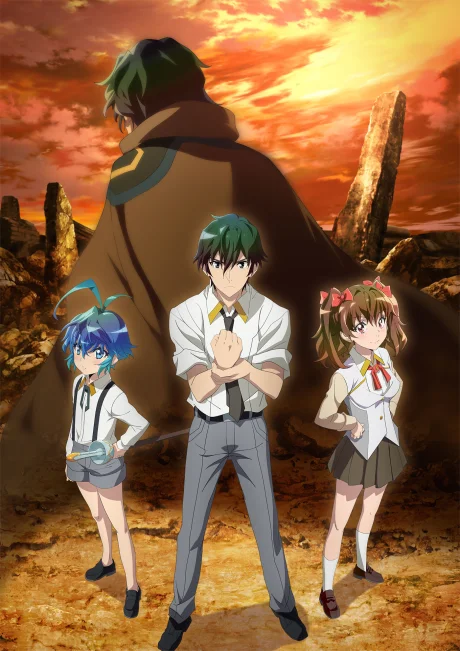 Three anime students standing before a sunset ruin, with a cloaked figure behind them