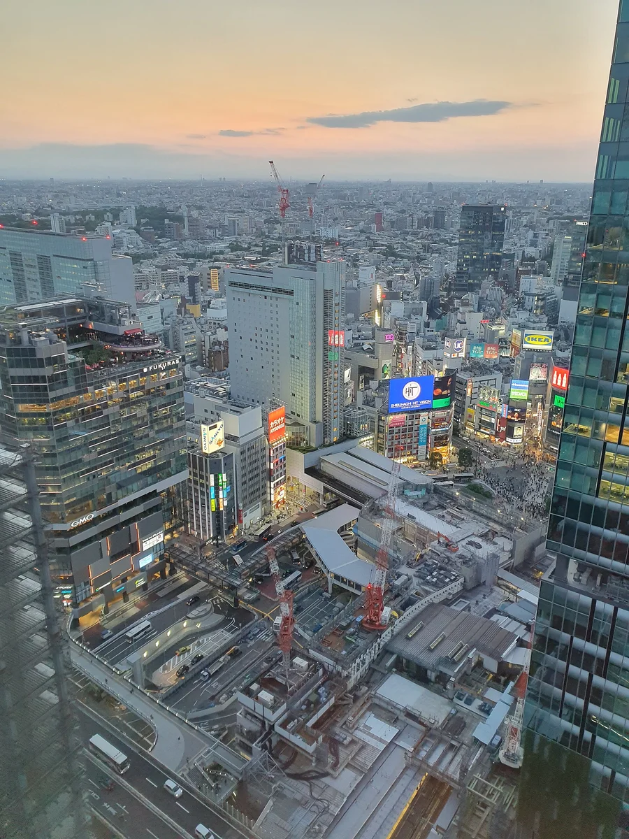Tokyo skyline at dusk seen from a high floor, with glass towers in the foreground and the city stretching to the horizon