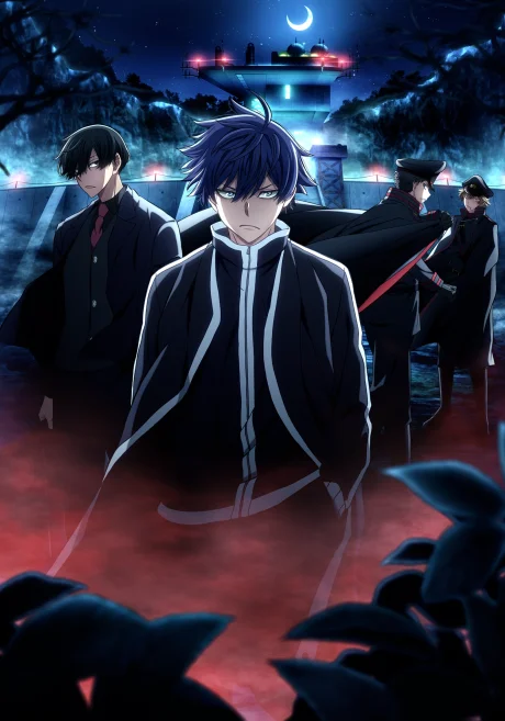 Blue-haired anime man stands before a moonlit facility with two figures behind