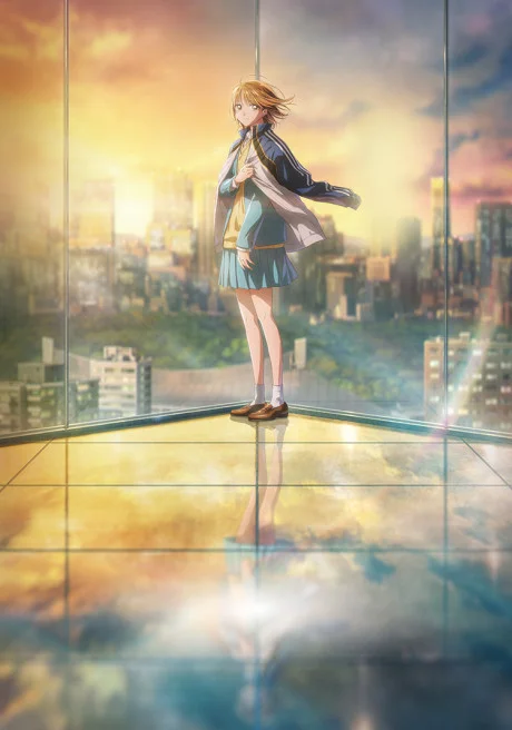 Girl in a blue uniform stands by a tall window above a glowing city skyline.