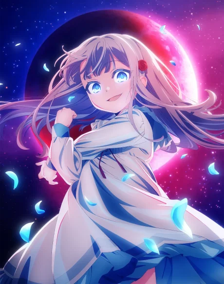 Smiling silver-haired girl in a white dress before a glowing pink moon