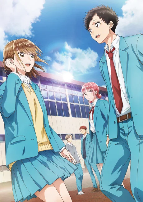 Blue-uniformed students stand together outdoors under a bright blue sky.