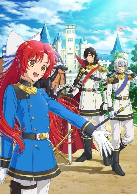 A red-haired girl in blue uniform stands before three armored companions and a castle.