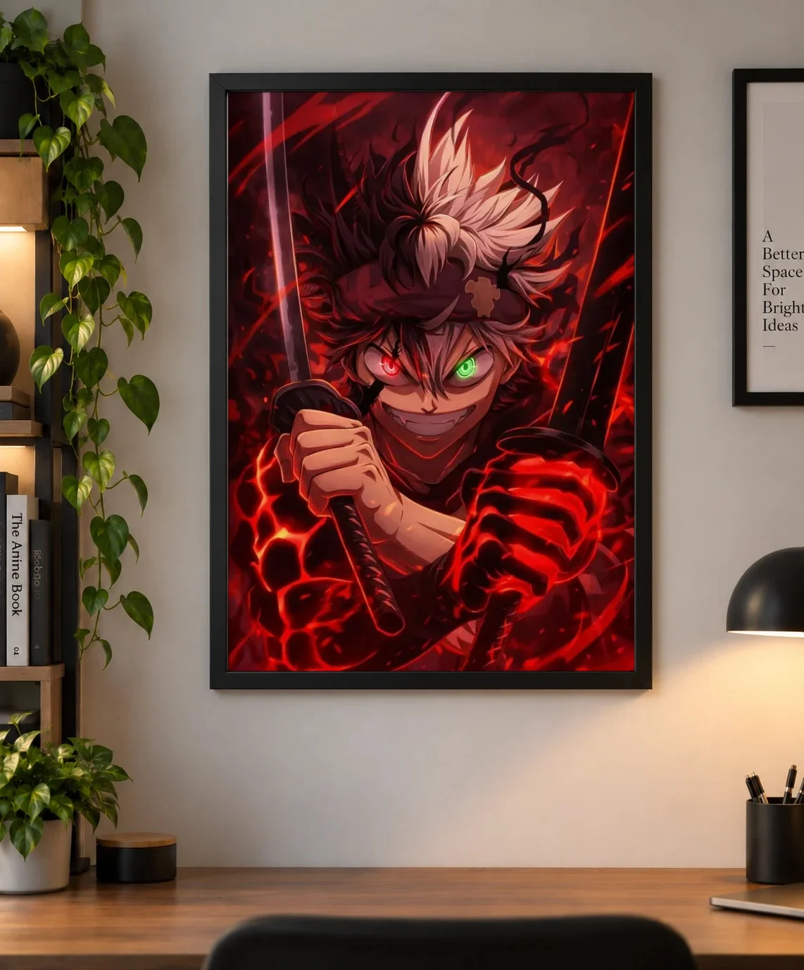 Asta Black Clover Red Demon Aura Anime Poster | Shinra as a framed print, shown on a wall