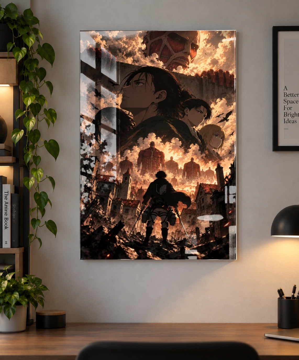 Attack on Titan — Eren Yeager Attack Titan Battle Anime Poster as an acrylic print, shown on a wall