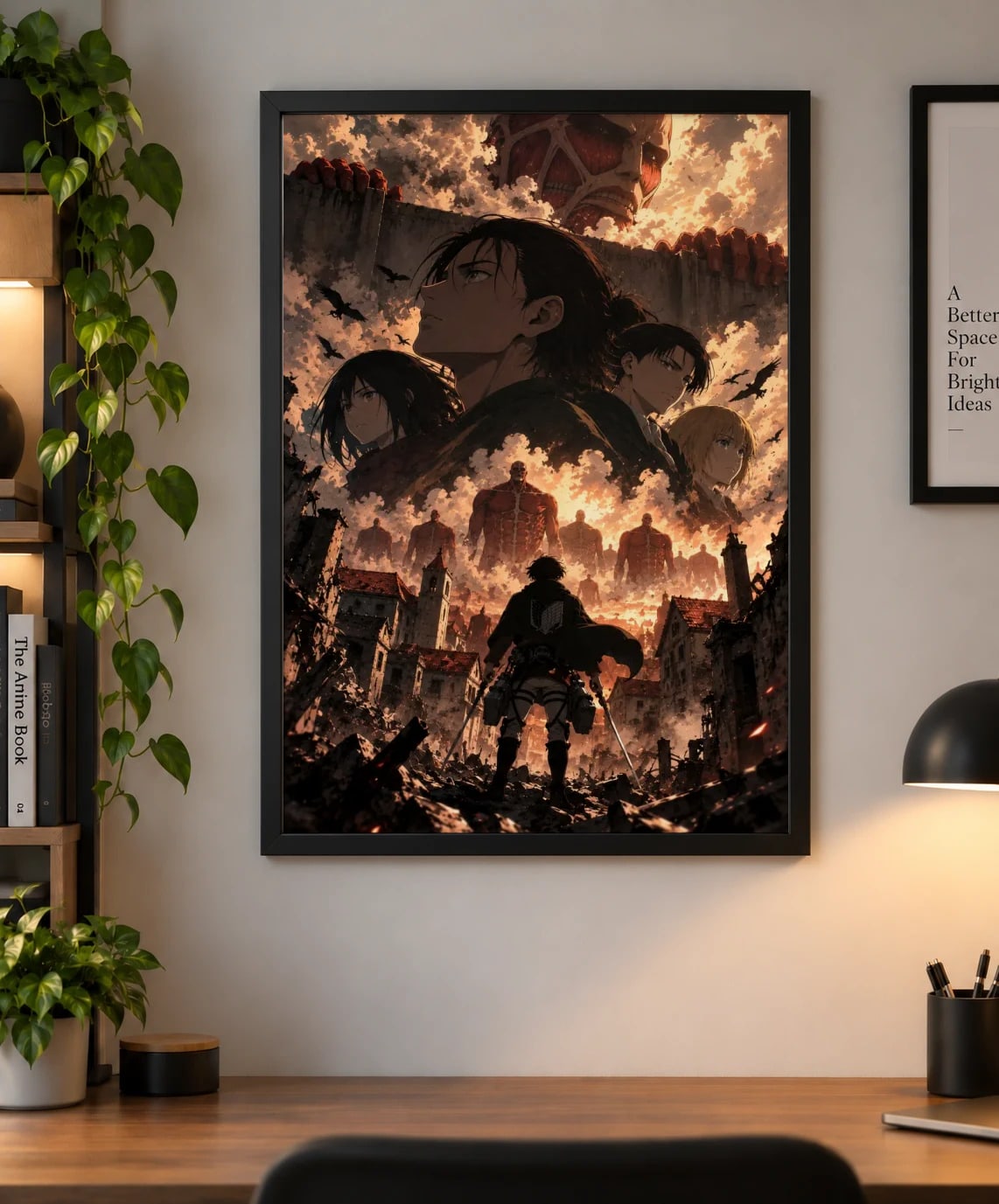 Attack on Titan — Eren Yeager Attack Titan Battle Anime Poster as a framed print, shown on a wall