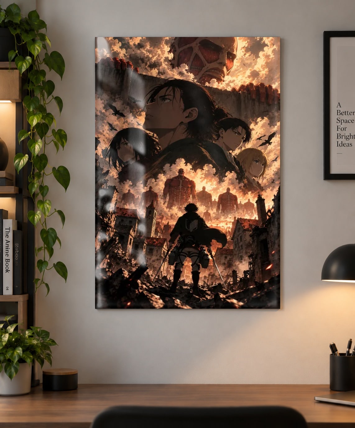Attack on Titan — Eren Yeager Attack Titan Battle Anime Poster as a metal print, shown on a wall