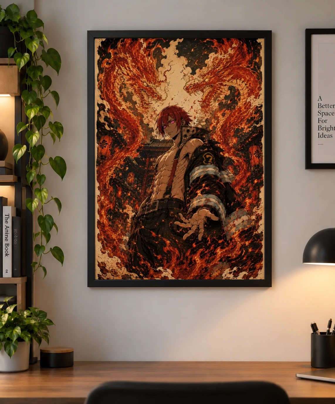 Benimaru Shinmon Fire Force Poster – Ukiyo-e Japanese Anime Art as a framed print, shown on a wall
