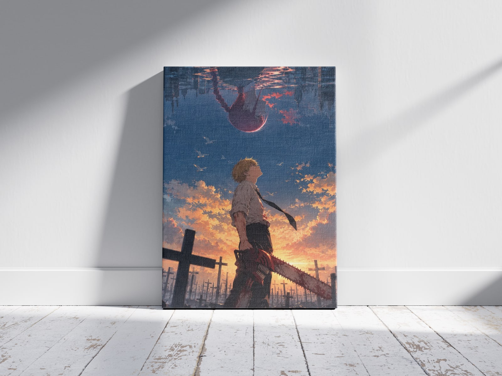 Chainsaw Man Denji — Sunset of a Devil Hunter Anime Poster as a canvas print, shown on a wall
