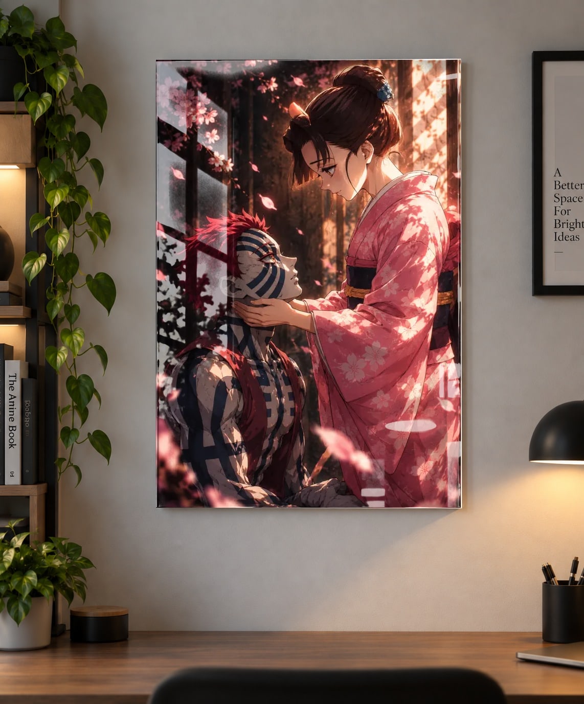 Demon Slayer Akaza & Koyuki Anime Poster – A Love Lost to Fate as an acrylic print, shown on a wall