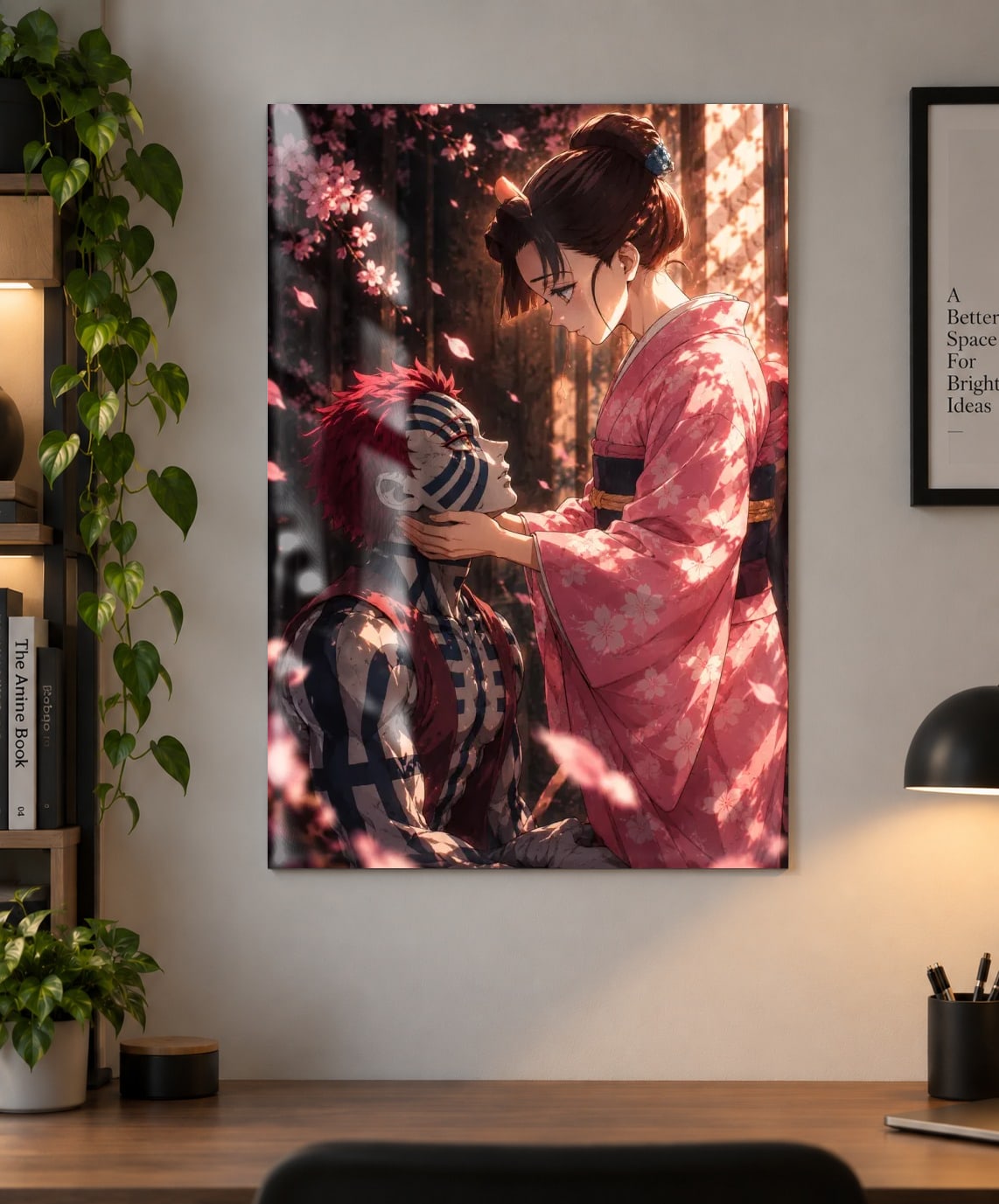 Demon Slayer Akaza & Koyuki Anime Poster – A Love Lost to Fate as a metal print, shown on a wall