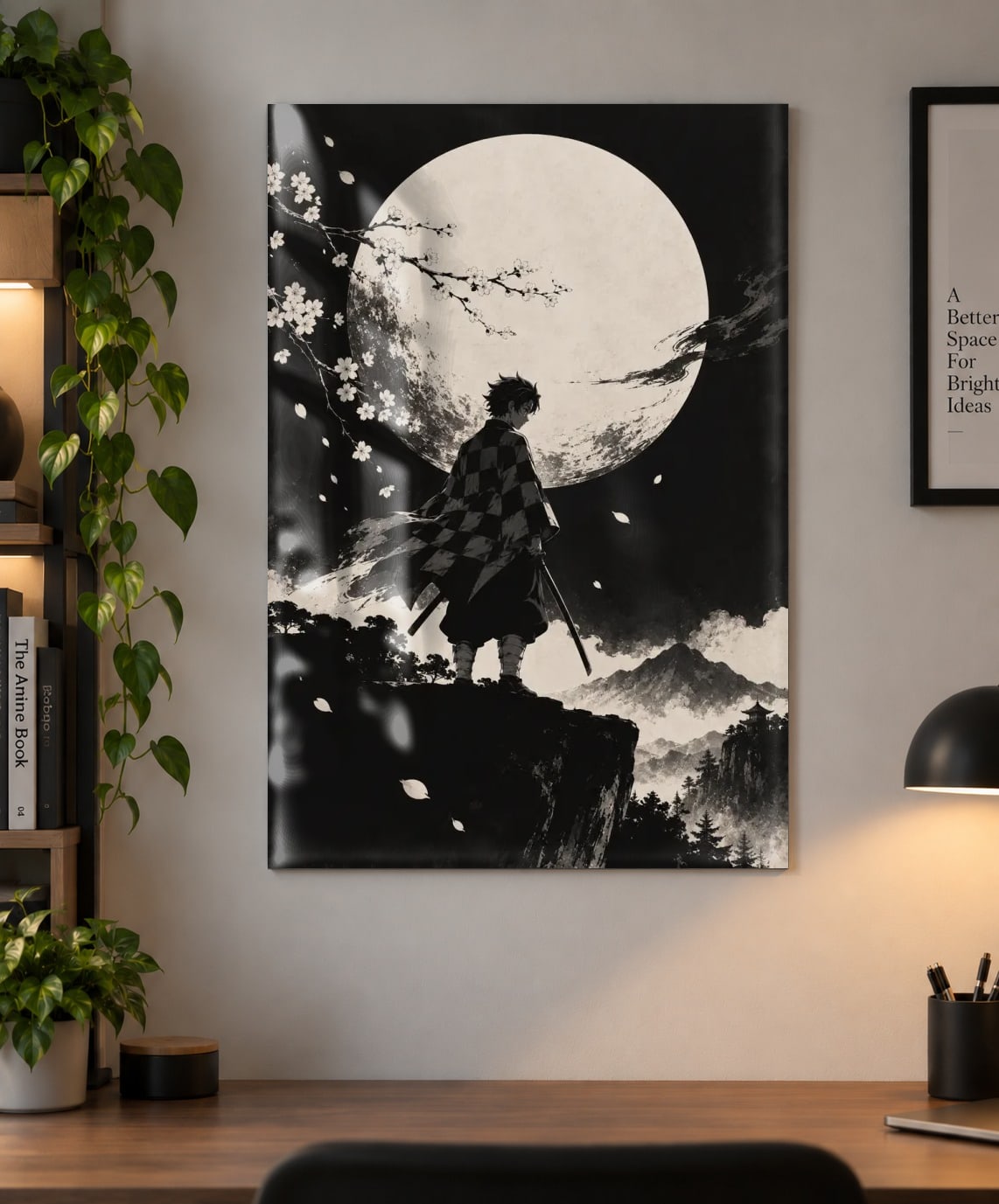 Demon Slayer Tanjiro Kamado Poster – Moonlit Samurai Manga Art as a metal print, shown on a wall