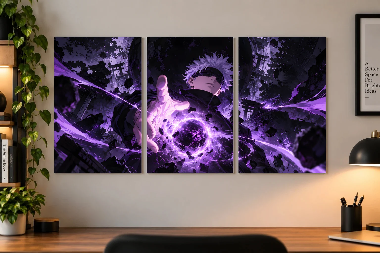 Gojo Hollow Purple Anime Poster – Dark Cinematic Wall Art as a paper poster, shown on a wall
