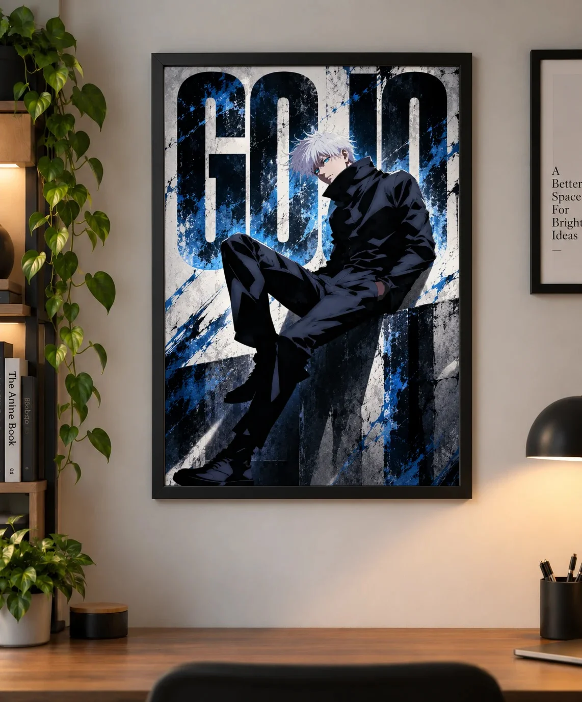 Gojo Satoru Jujutsu Kaisen Anime Poster as a framed print, shown on a wall