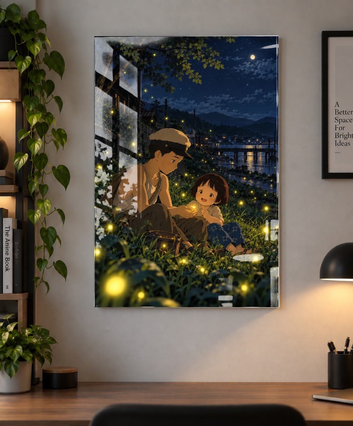 Grave of the Fireflies Anime Poster – Seita & Setsuko Under the Fireflies as an acrylic print, shown on a wall