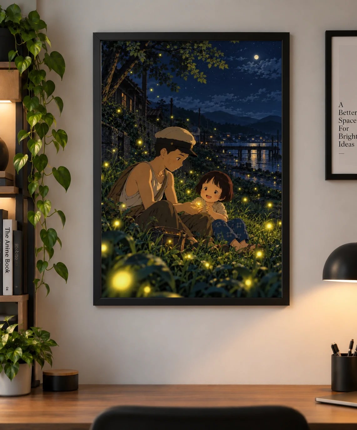 Grave of the Fireflies Anime Poster – Seita & Setsuko Under the Fireflies as a framed print, shown on a wall