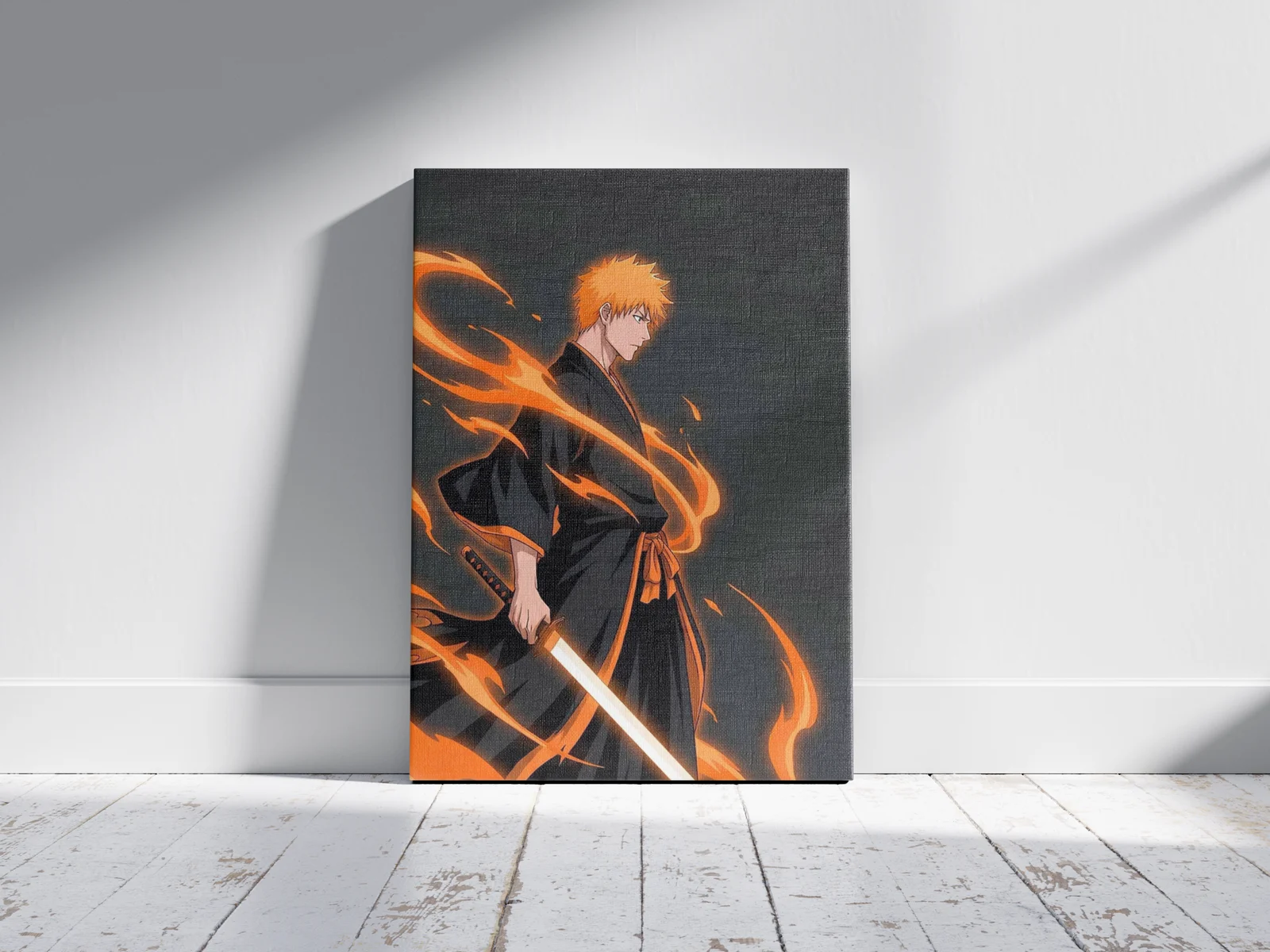 Ichigo Kurosaki Bleach Anime Poster | Cinematic Wall Art as a canvas print, shown on a wall