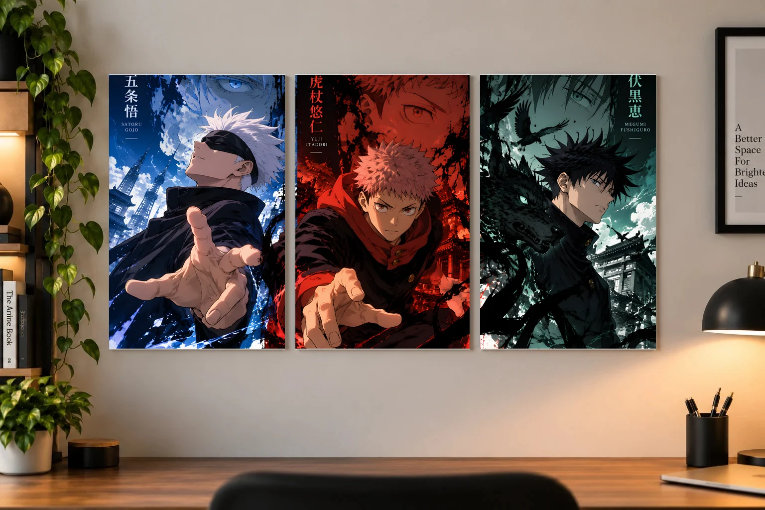 jujutsu Kaisen Gojo × Yuji × Megumi — Sorcerer Trio Anime Poster as a canvas print, shown on a wall
