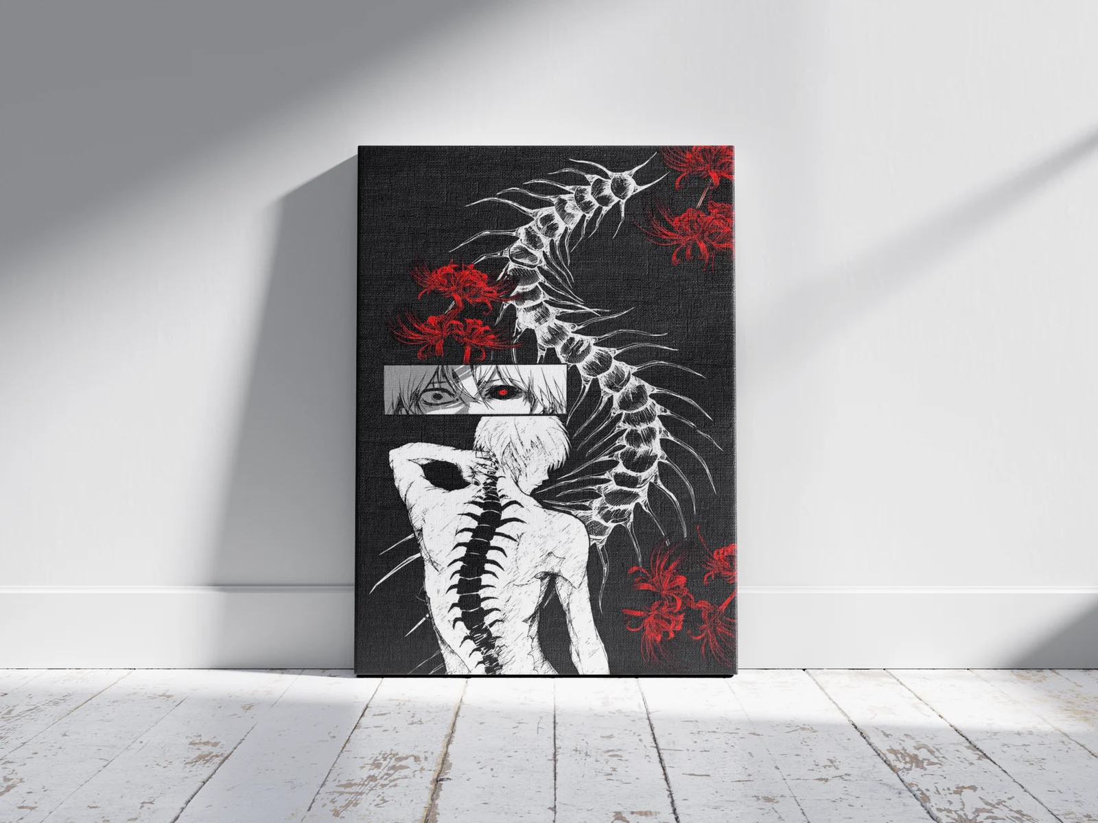 Ken Kaneki Centipede Anime Poster | Tokyo Ghoul – Shinra as a canvas print, shown on a wall
