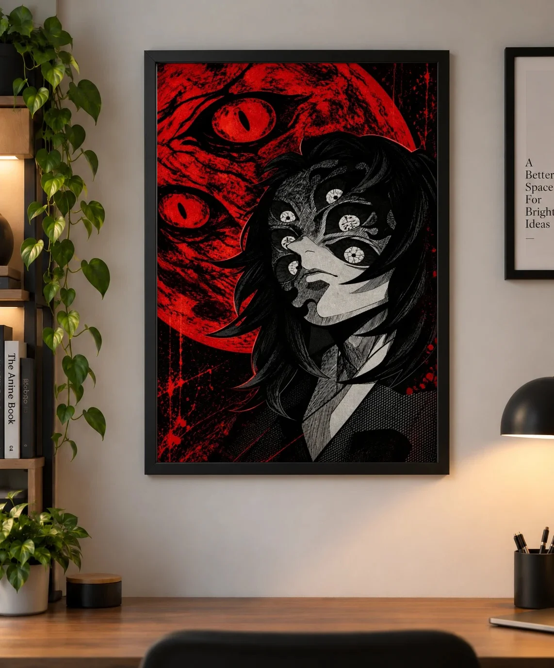 Kokushibo Red Moon – Demon Slayer Dark Anime Poster | Shinra as a framed print, shown on a wall