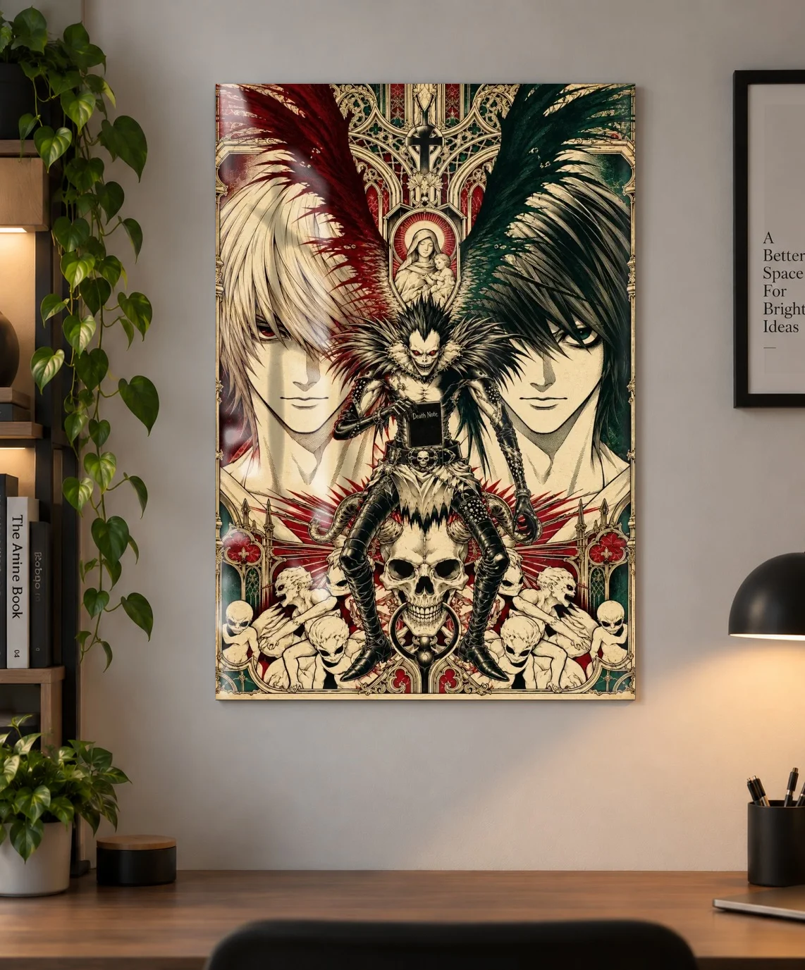 Light Yagami, L & Ryuk – Death Note Gothic Dark Anime Poster | Shinra as a metal print, shown on a wall