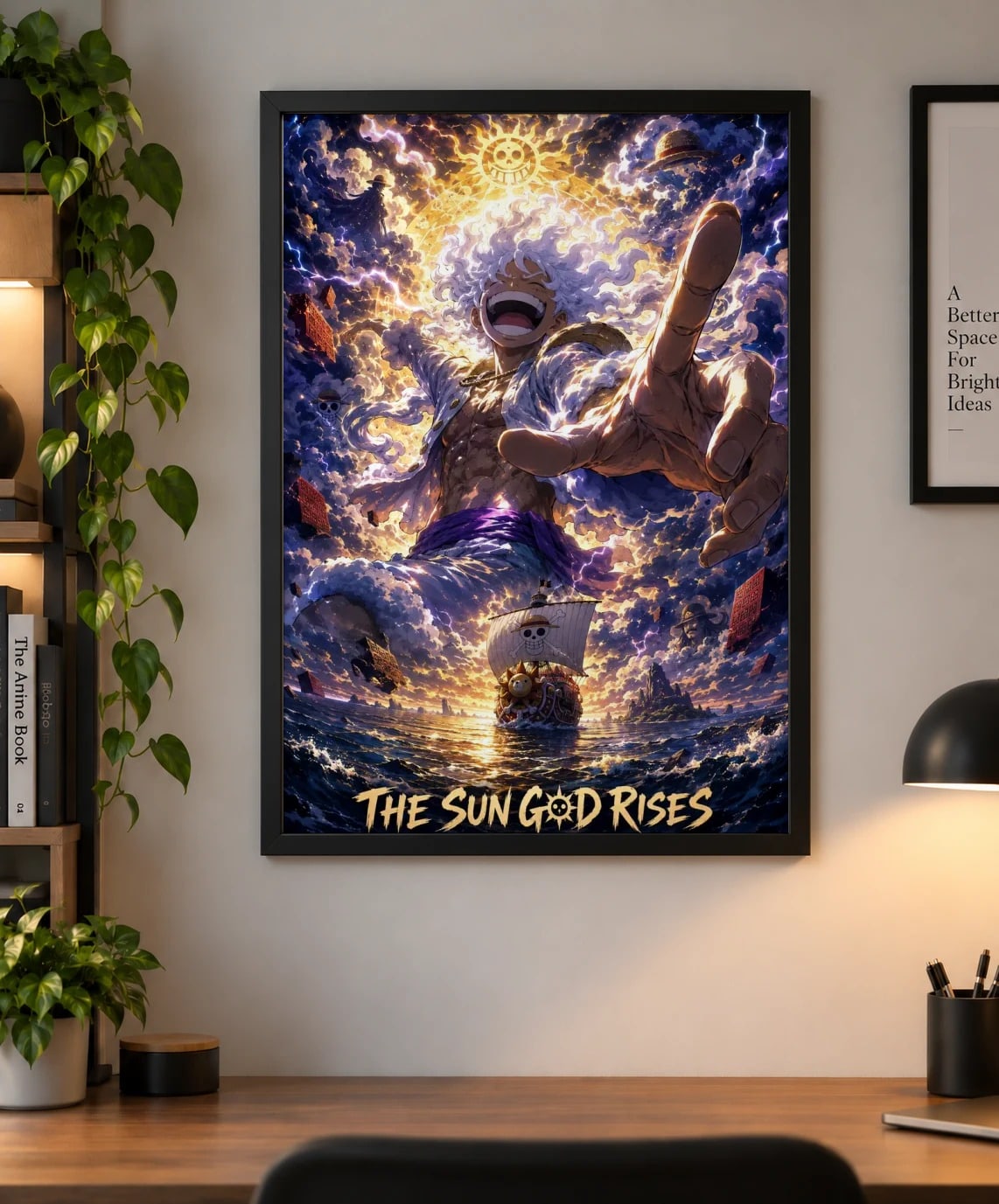 Luffy (Gear 5) — Sun God Nika | One Piece Poster as a framed print, shown on a wall