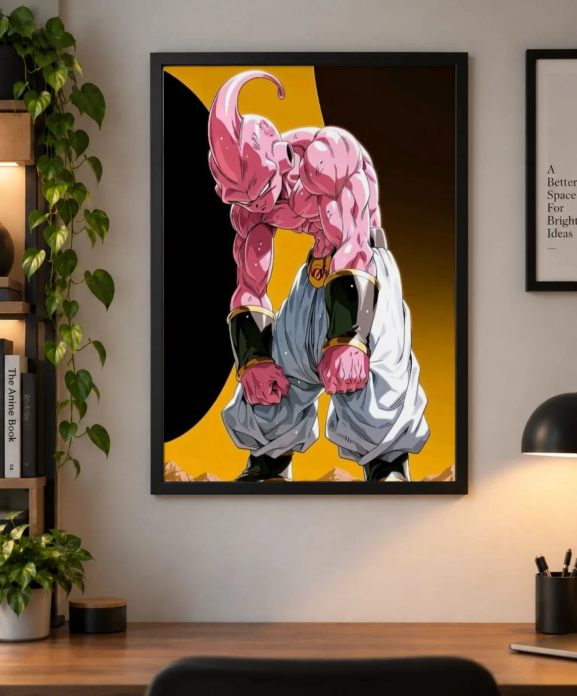 Majin Buu Power Pose Poster – Dragon Ball Z Anime Wall Art | Shinra as a framed print, shown on a wall