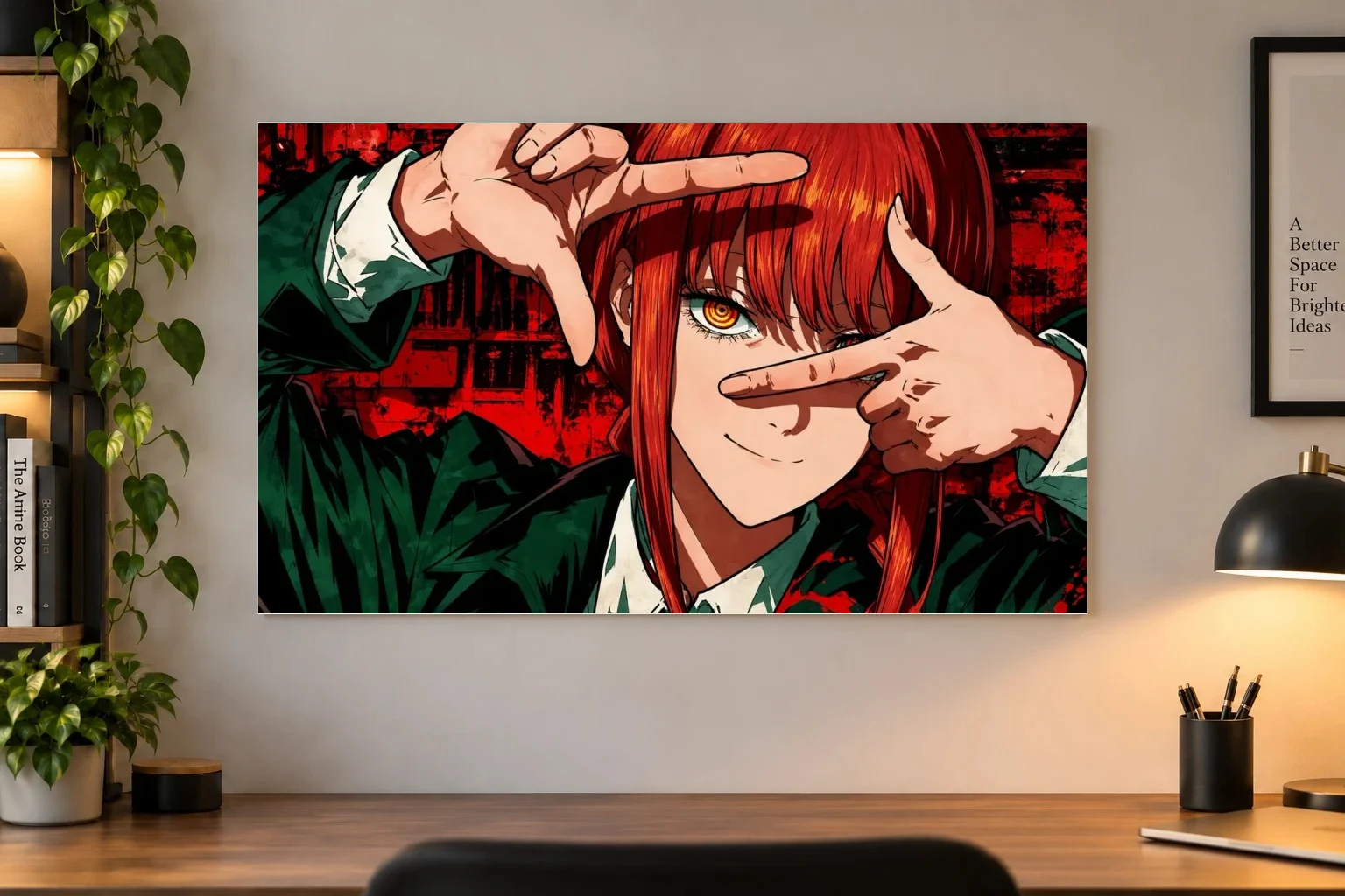 Makima – Red Cinematic Anime Poster | Chainsaw Man as a paper poster, shown on a wall