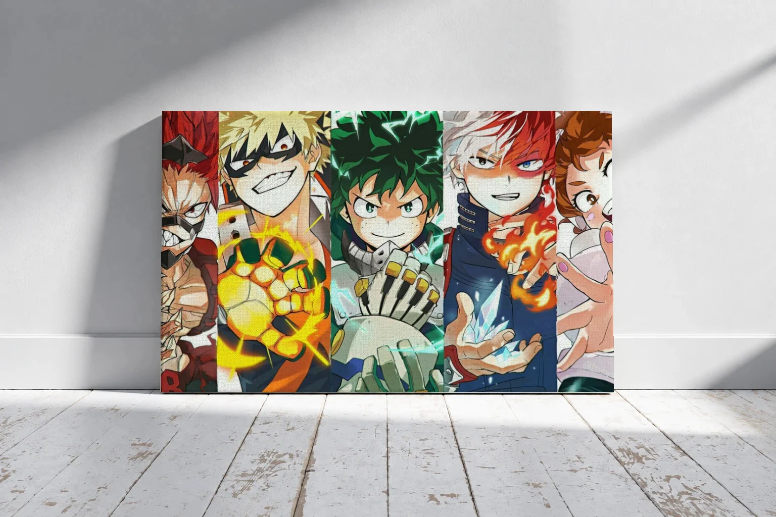 My Hero Academia Heroes Collage – Cinematic Anime Poster as a canvas print, shown on a wall