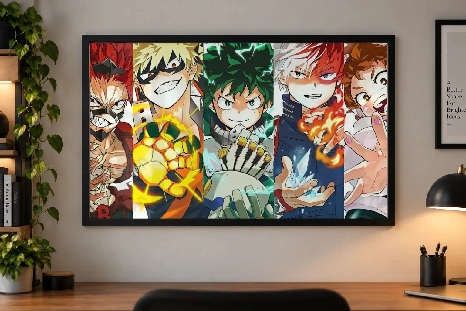 My Hero Academia Heroes Collage – Cinematic Anime Poster as a framed print, shown on a wall