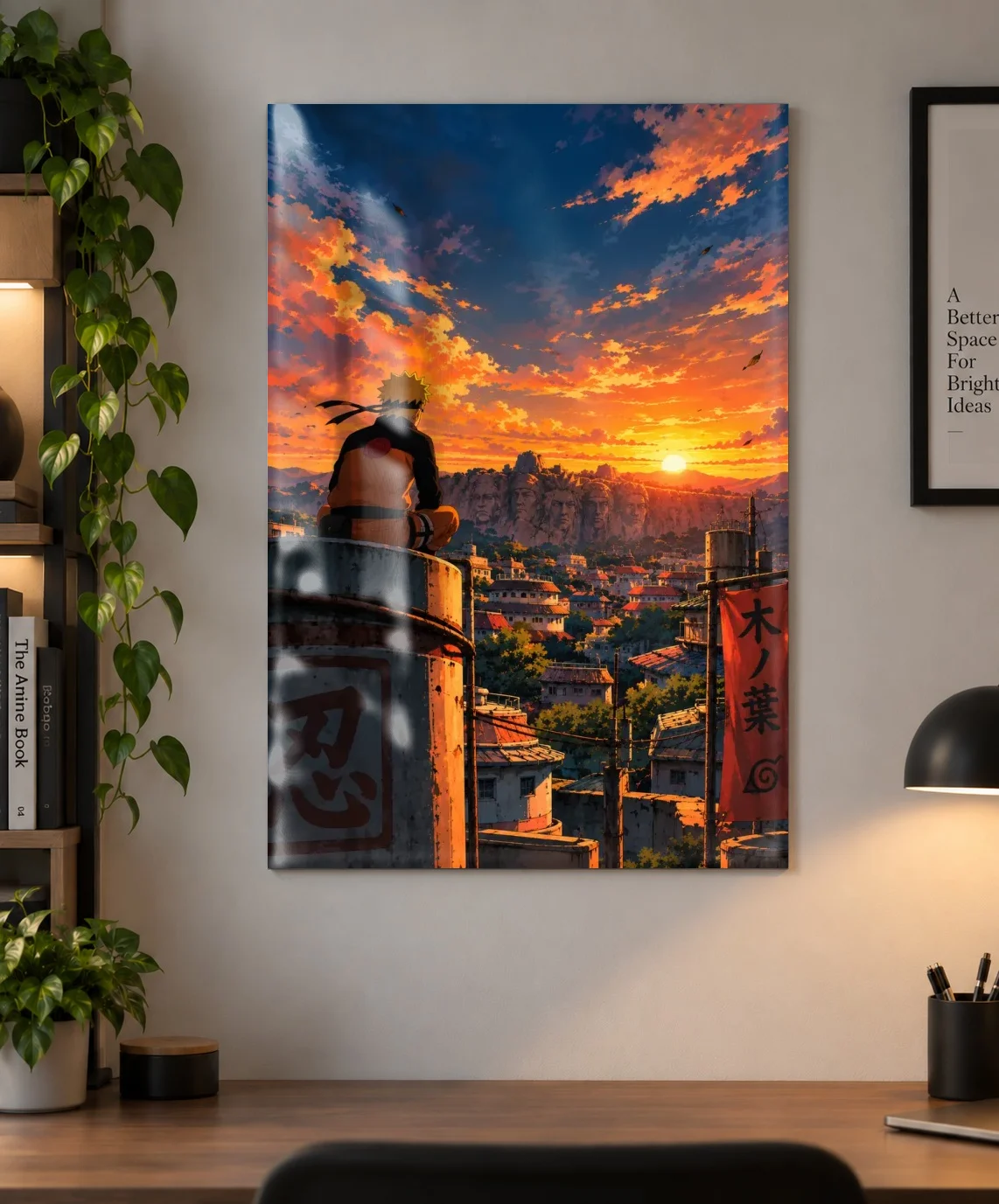 Naruto Canvas Wall Art – Konoha Sunset Anime Poster as a metal print, shown on a wall