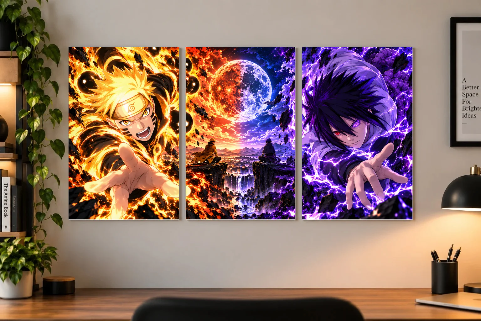 Naruto & Sasuke — Eternal Rivals Cinematic Anime Poster as a canvas print, shown on a wall