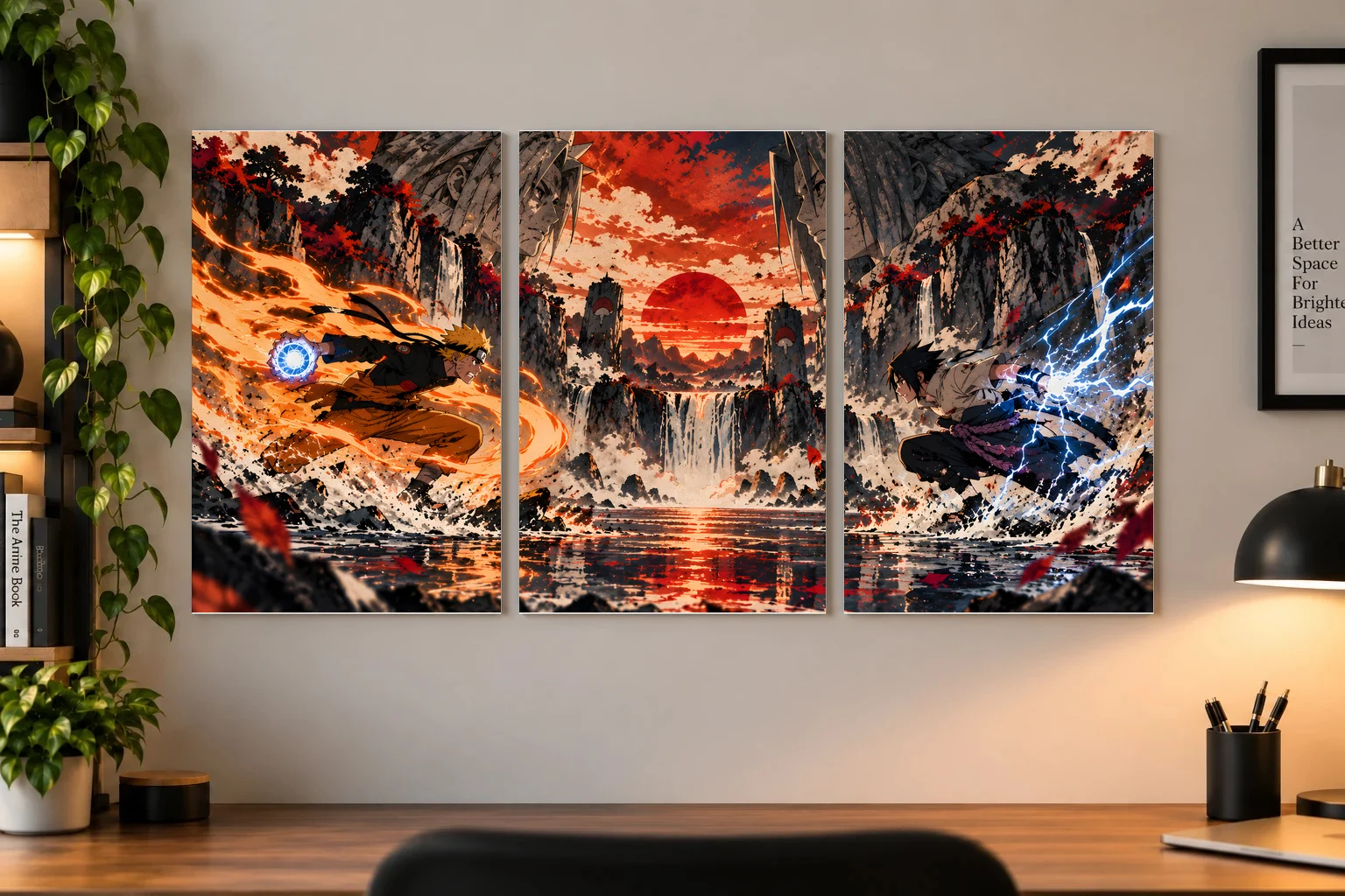Naruto vs Sasuke — Valley of the End Anime Battle Poster as a framed print, shown on a wall