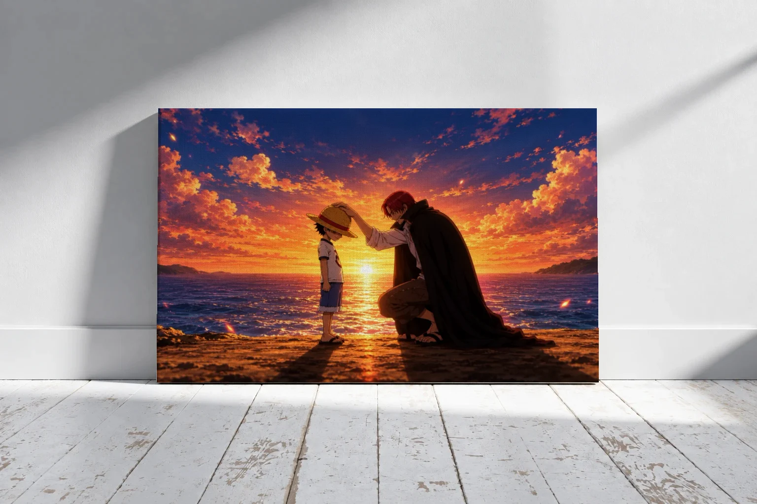 One Piece Luffy & Shanks — The Straw Hat Promise Anime Poster as a canvas print, shown on a wall
