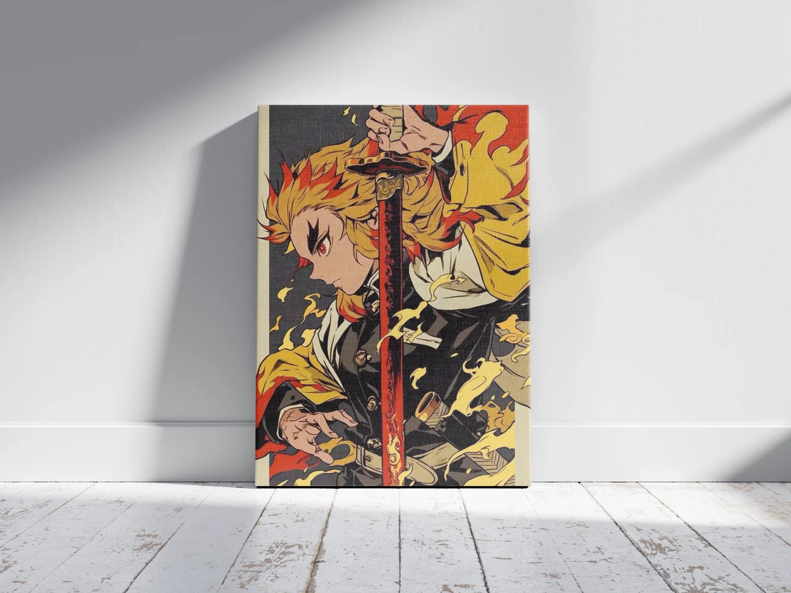 Rengoku Flame Hashira – Demon Slayer Anime Poster | as a canvas print, shown on a wall