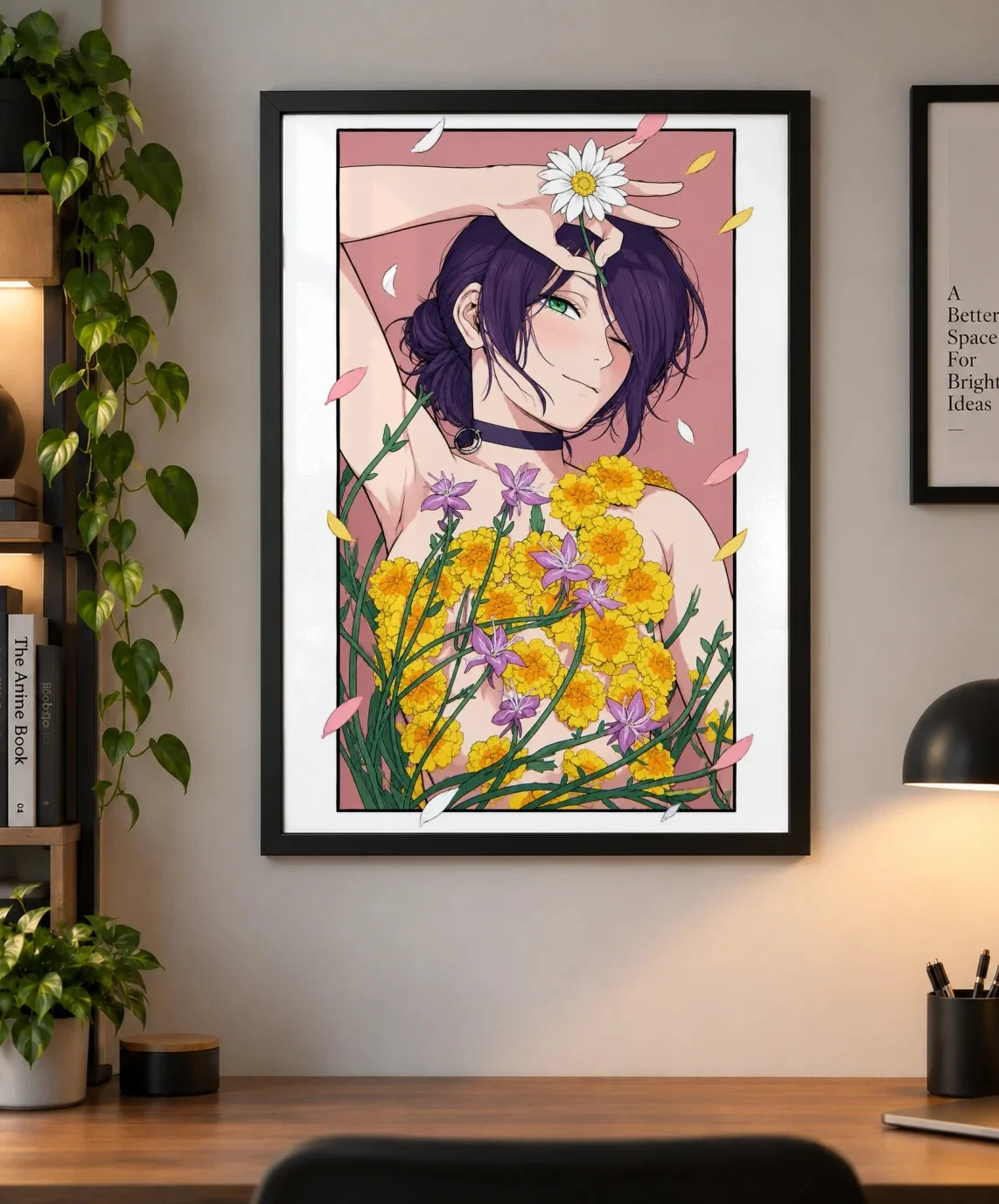 Reze Floral Anime Poster | Chainsaw Man as a framed print, shown on a wall