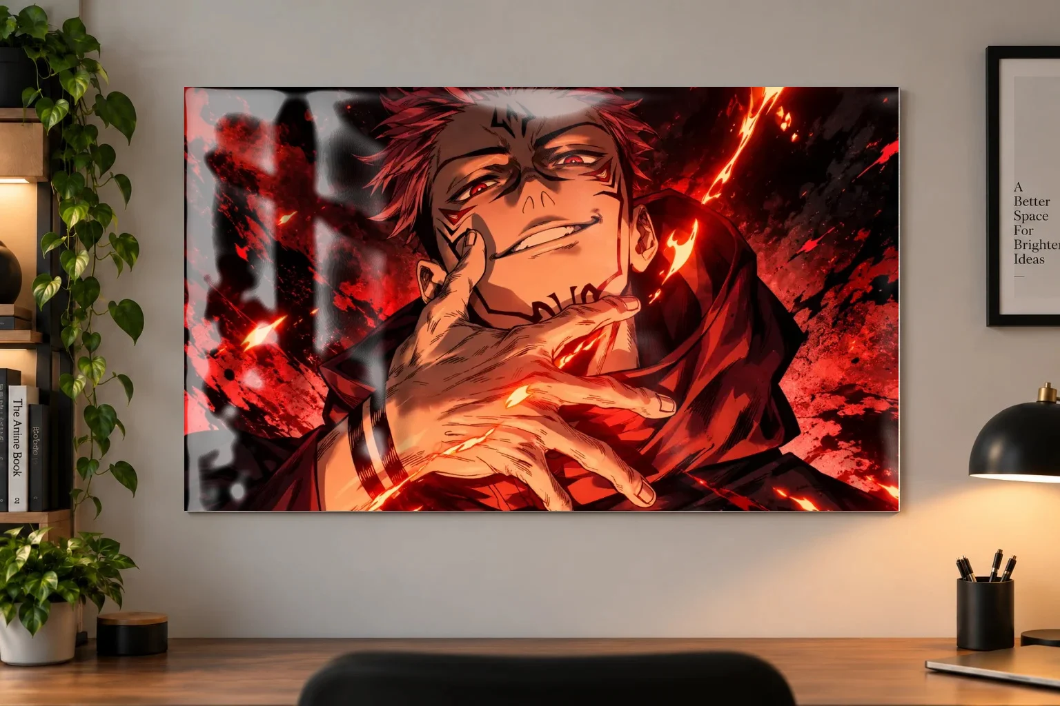 Ryomen Sukuna Jujutsu Kaisen Anime Poster as a metal print, shown on a wall