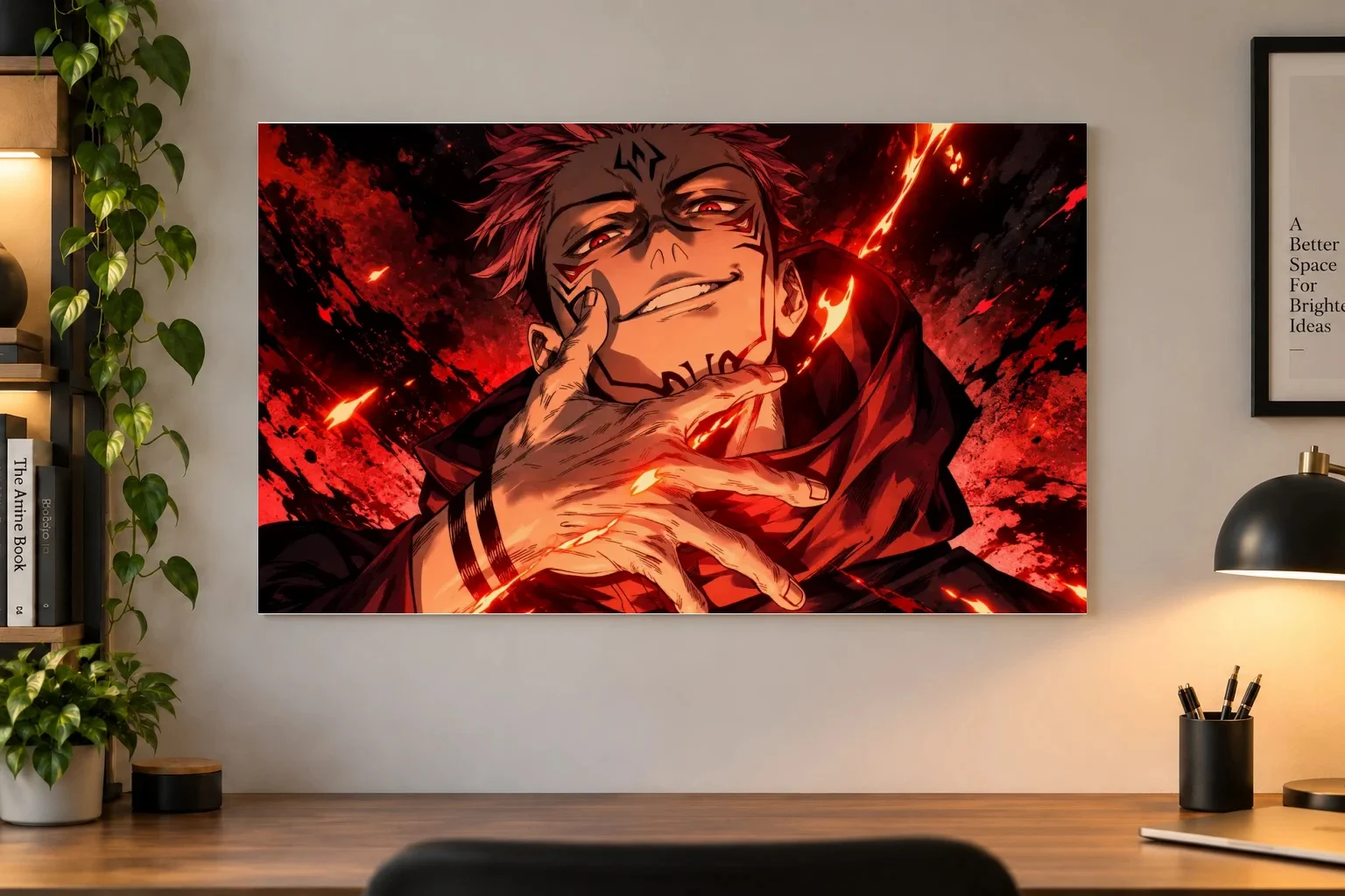Ryomen Sukuna Jujutsu Kaisen Anime Poster as a paper poster, shown on a wall