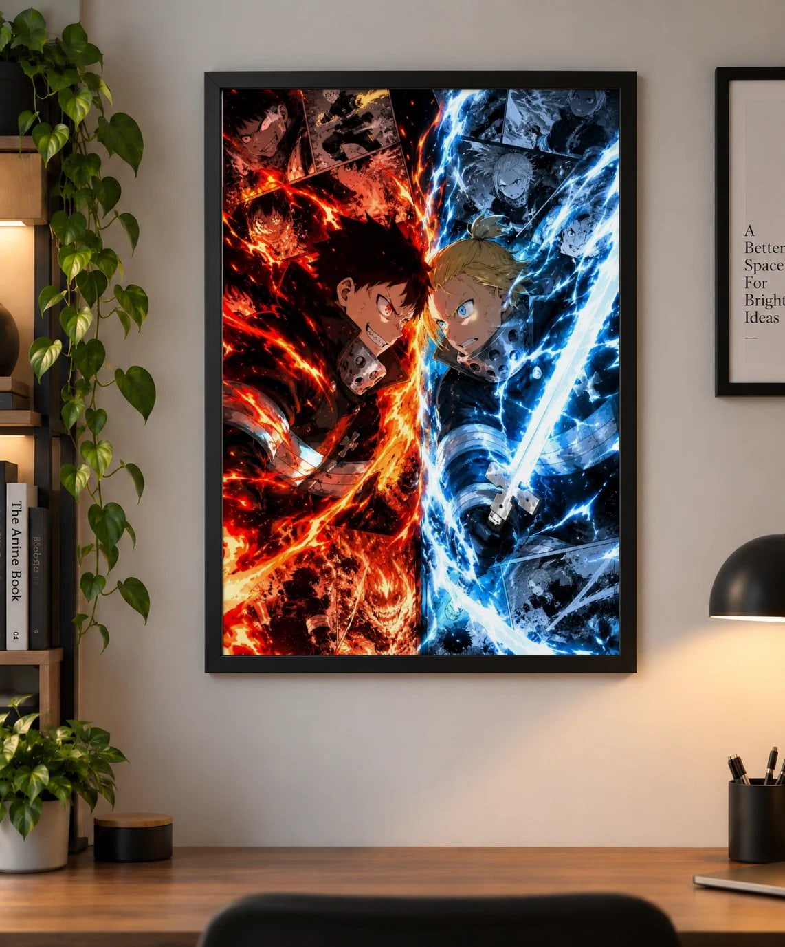 Shinra vs Arthur Fire Force Poster – Anime Rivalry Manga Art as a framed print, shown on a wall