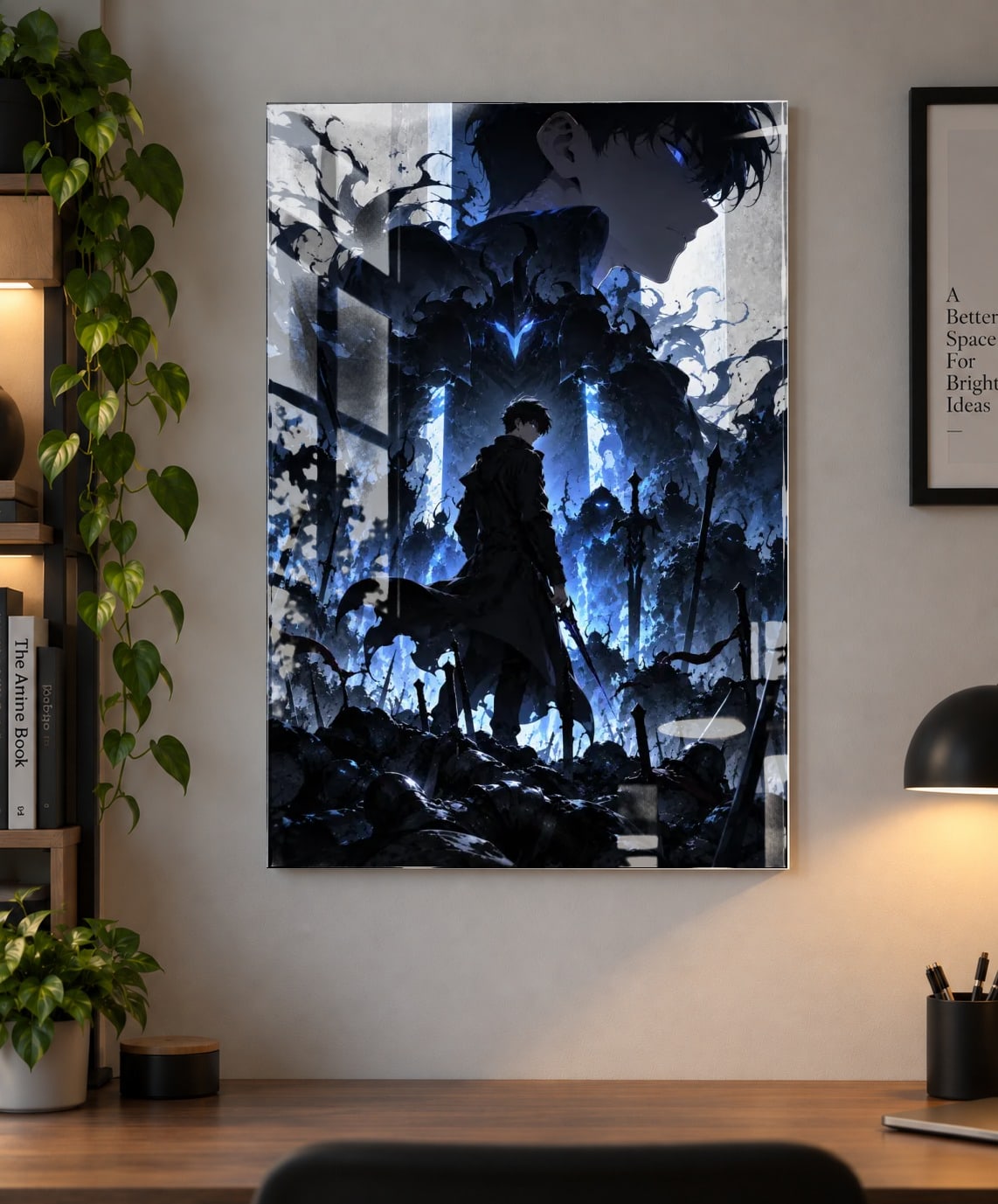 Solo Leveling Sung Jinwoo — Shadow Monarch Anime Poster as an acrylic print, shown on a wall