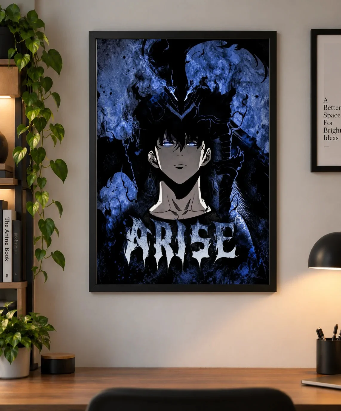 Sung Jinwoo Arise Poster – Solo Leveling Anime Wall Art as a framed print, shown on a wall
