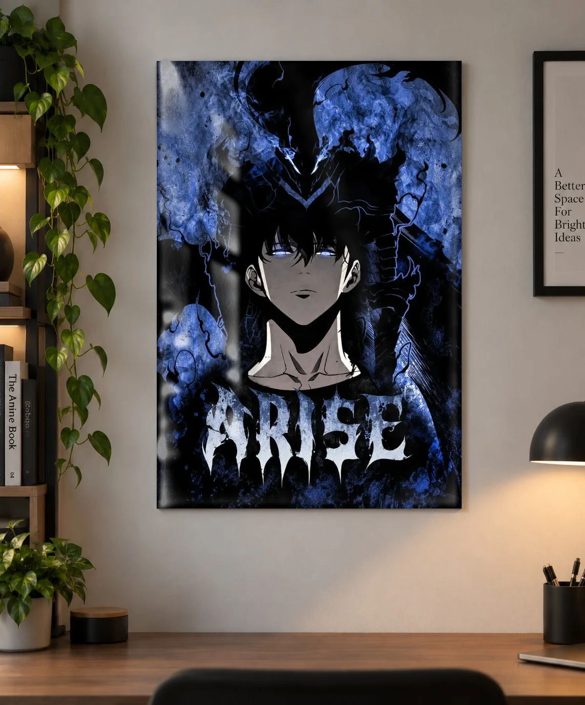Sung Jinwoo Arise Poster – Solo Leveling Anime Wall Art as a metal print, shown on a wall