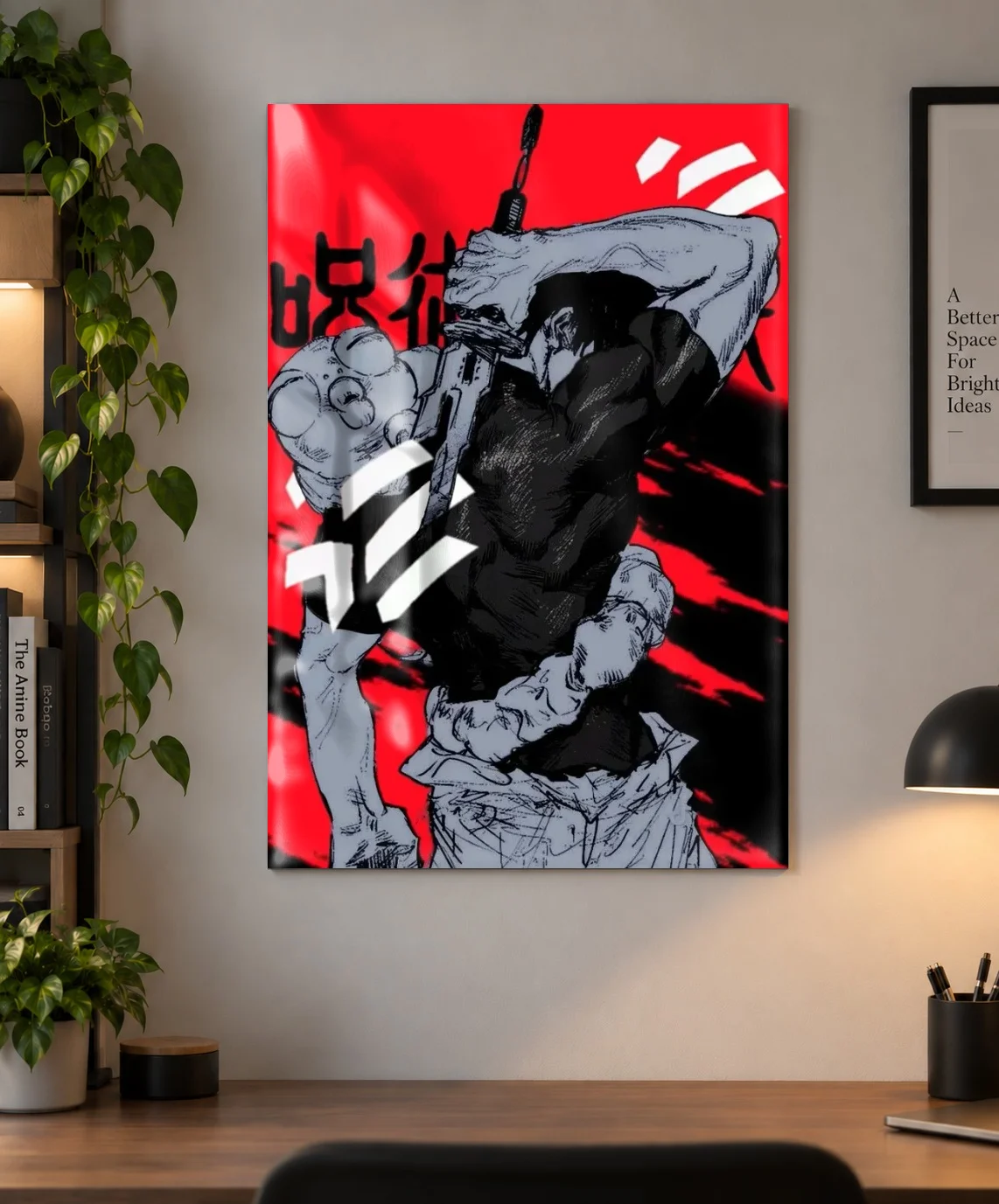 Toji Fushiguro – Jujutsu Kaisen Red & Black Manga Poster | Shinra as a metal print, shown on a wall