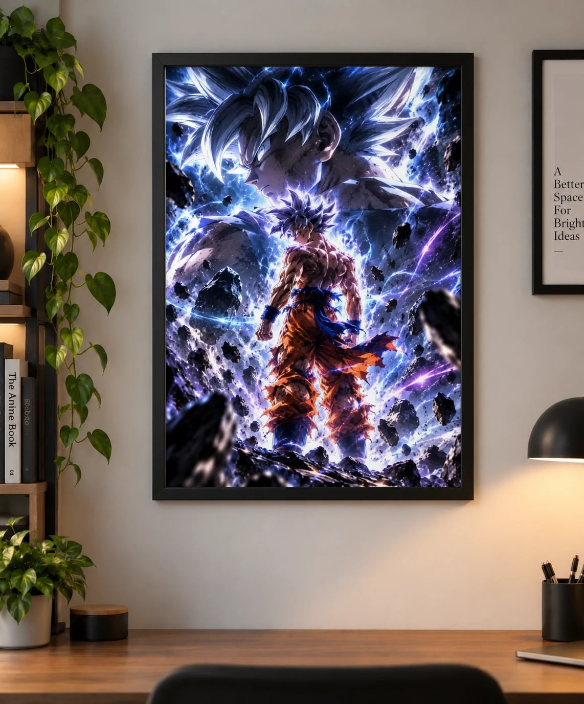 Ultra Instinct Goku Anime Power Poster as a framed print, shown on a wall