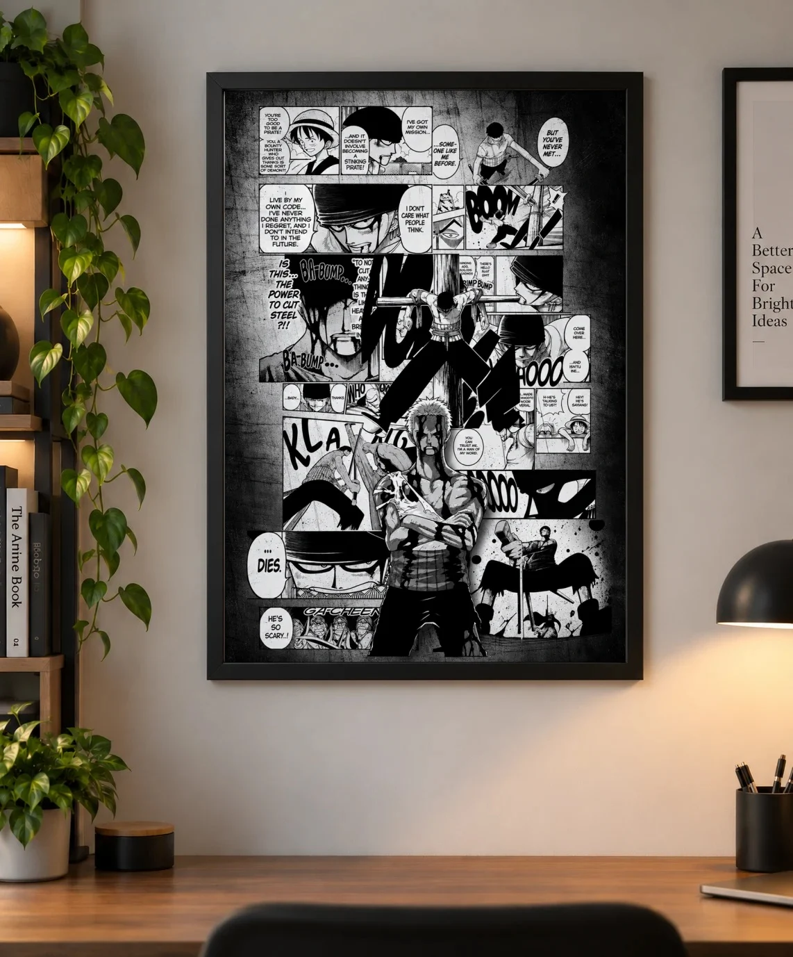 Zoro Monochrome Manga Collage Poster — One Piece Roronoa Zoro as a framed print, shown on a wall