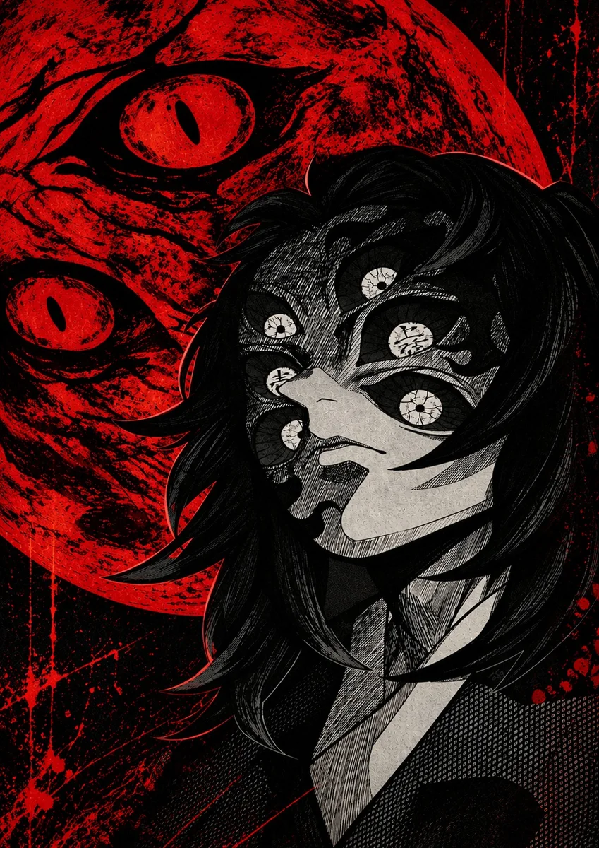 Kokushibo Red Moon – Demon Slayer Dark Anime Poster | Shinra as framed