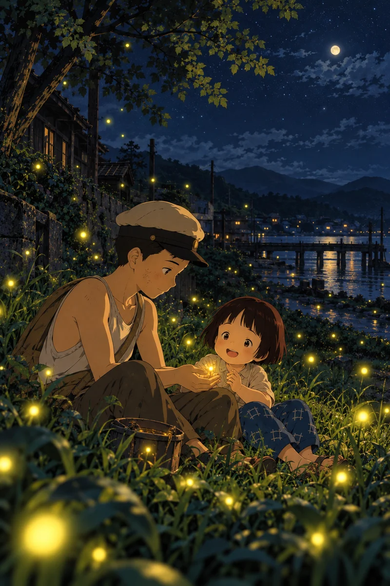 Grave of the Fireflies Anime Poster – Seita & Setsuko Under the Fireflies on a wall, Paper Poster, 12×18