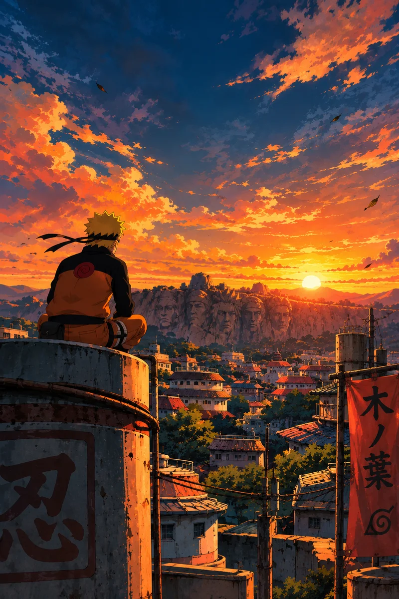 Naruto Canvas Wall Art – Konoha Sunset Anime Poster on a wall, Paper Poster, 12×18