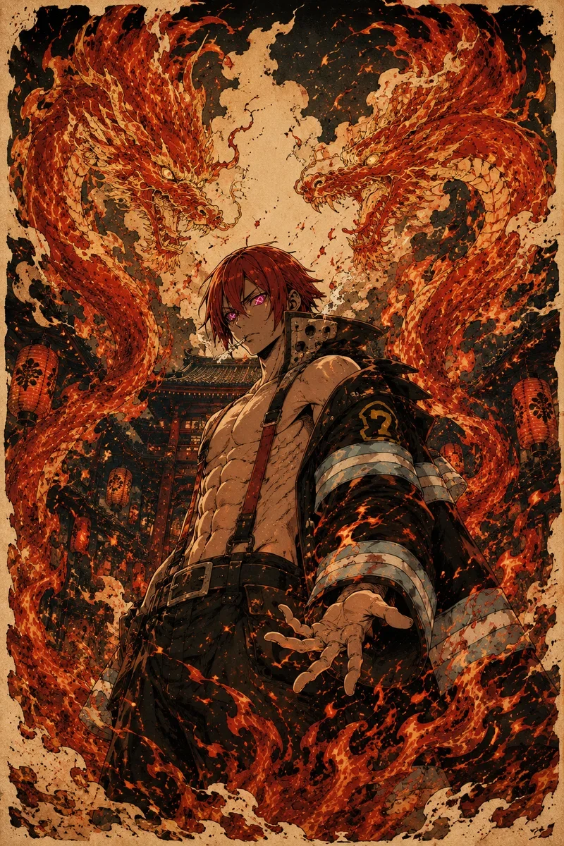 Benimaru Shinmon Fire Force Poster – Ukiyo-e Japanese Anime Art as framed