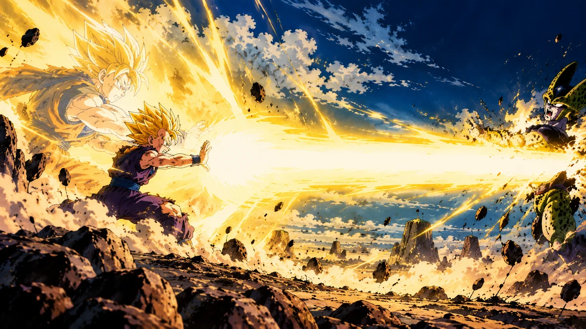 Gohan vs Cell Father-Son Kamehameha Poster | Shinra on a wall, Paper Poster, 18×12